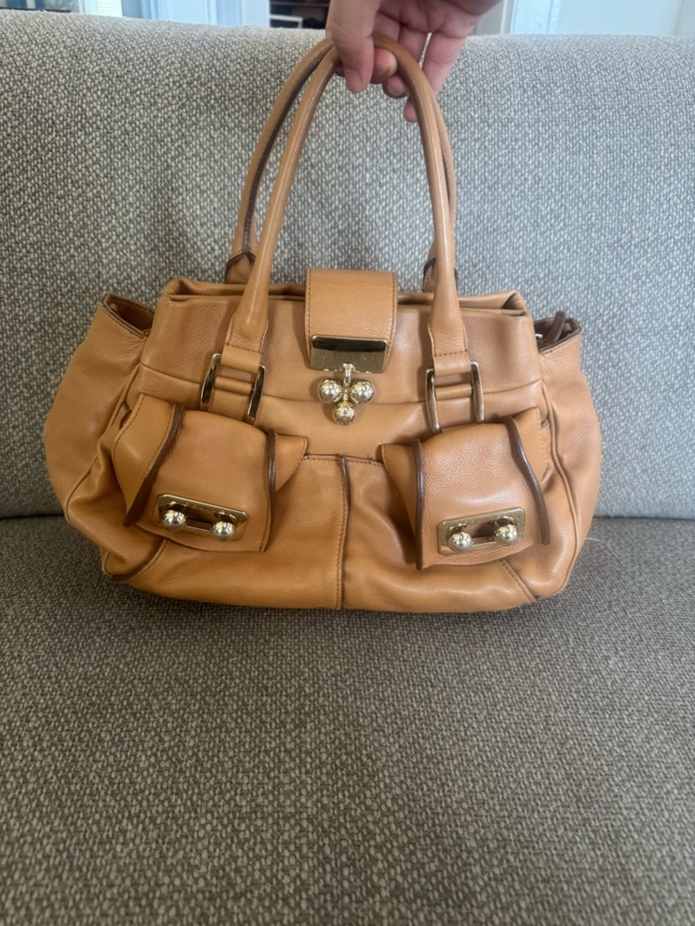 Celine Tan Leather Satchel Handbag with Gold Hardware